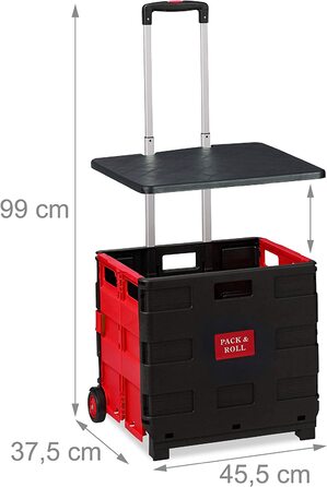 Relaxdays Einkaufstrolley klappbar, bis 35 kg, 50 l Kiste, mit Teleskopgriff, 2 Rollen, Transport Trolley, rot/schwarz