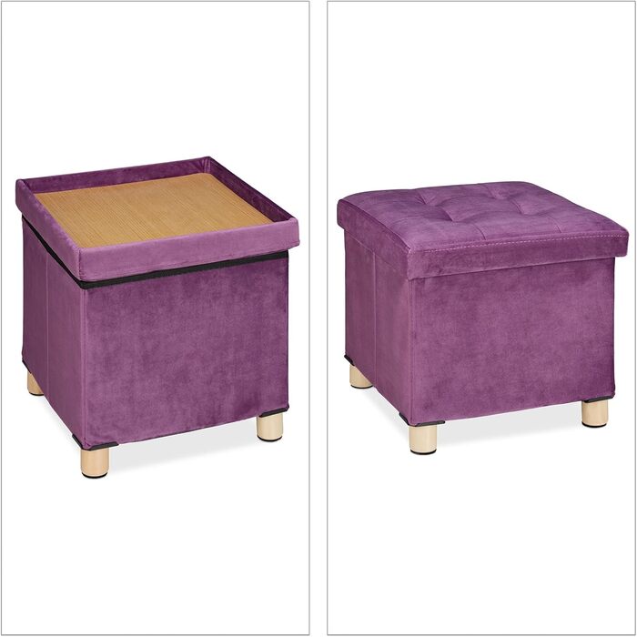 Relaxdays Samthocker mit Stauraum, Tablett im Deckel, Holzbeine, 35x38x38 cm, Mauve