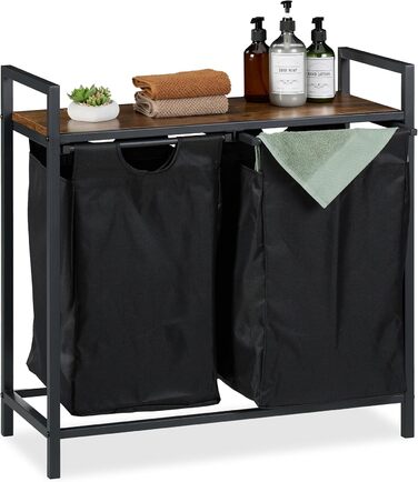Relaxdays Wäschekorbregal, 72x73x33 cm, 2 ausziehbare Fächer, Wäschesammler Industrial, schwarz/braun