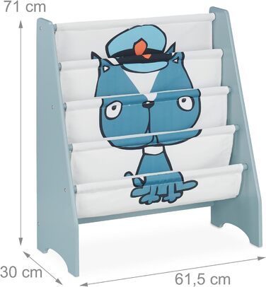 Relaxdays Bücherregal Kinder, HBT: 71 x 61,5 x 30 cm, Kinderbücherregal mit Hundemotiv, 4 Fächer, MDF & Stoff, blau/weiß