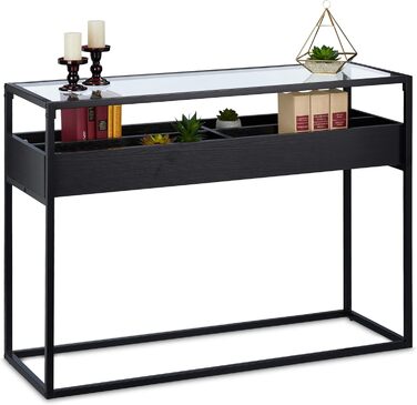 Relaxdays Konsolentisch, Glas Ablage, 4 Fächer, 80,5x110x40 cm, Metall, Flur & Wohnzimmer, schwarz
