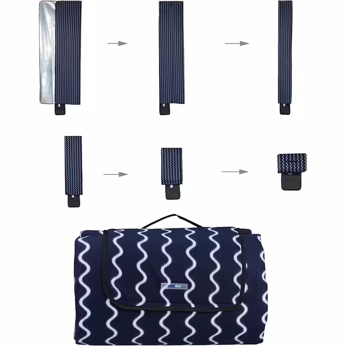 Relaxdays XXL Picknickdecke, 200x300 cm, Fleece Stranddecke, wärmeisoliert, wasserdicht, mit Tragegriff, dunkelblau/weiß