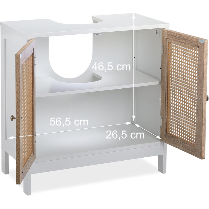 Relaxdays Waschbeckenunterschrank, 60 cm, 2 Fächer, Siphon-Aussparung, Rattan-Türen, weiß/Natur