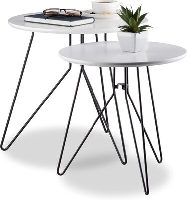 Relaxdays Beistelltisch 2er-Set, runde Satztische mit Metallgestell, Ablagetische, Tischplatte 40 u. 48 cm, MDF, Schwarz-Weiß, Standard