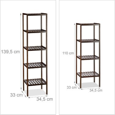 Relaxdays 3 TLG Badregal Set Bambus, Holzregal, Standregal, Bambusregal, Küchenregal, Bücherregal, 3, 4 und 5 Ablagen, Dunkelbraun 139,5 x 34,5 x 33 cm