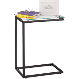 Relaxdays Beistelltisch, U-Form, Glas Tischplatte, Metall, Bauhausstil, Konsolentisch HxBxT: 61 x 30 x 45 cm, schwarz, 1 Stück