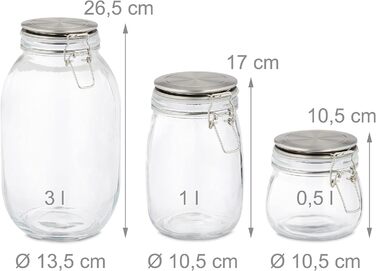 Relaxdays Einmachglas 3er Set, Bügelverschluss, 500-3000 ml, transparent