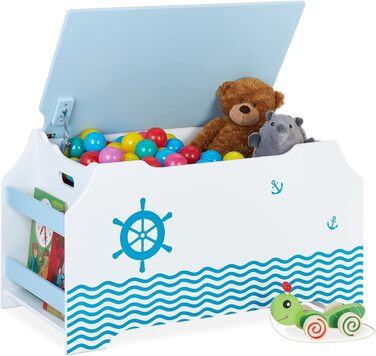 Relaxdays Spielzeugtruhe Seemann, Spielzeugkiste mit Deckel, HBT: 46 x 84 x 42,5 cm, Bücherfach, Spielzeugbox, weiß/blau