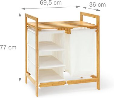 Relaxdays Wäschesammler Linea Bambus HxBxT: ca. 77 x 69,5 x 36 cm Wäschepuff mit 40 Litern Volumen 2 Ablagen und 3 Fächern als Wäschebehälter mit Wäschesack aus weißem Stoff und 2 Griffen, natur Single