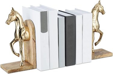 Relaxdays Buchstützen 2er Set, dekorativ, Pferde Figuren, f. Bücherregal, edles Design, HxBxT: 26,5x9x13 cm, Natur/Gold
