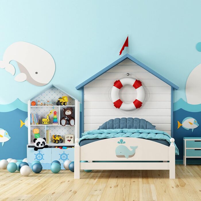 Relaxdays Kinderregal, Seefahrt, 5 Fächer, 2 Rollboxen, HBT: 128x75x34 cm, Hausform, Spielzeug Aufbewahrung, weiß/blau