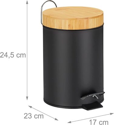 Relaxdays Mülleimer Bad, 3 l, Kosmetikeimer mit Absenkautomatik, Bambusdeckel, entnehmbarer Inneneimer, Treteimer, (Schwarz)