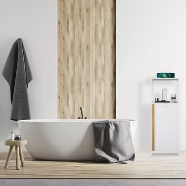 Relaxdays Badregal mit Wäschekorb, 2 Ablagen, kippbar, MDF & Bambus, 98x36x30 cm, weiß/natur