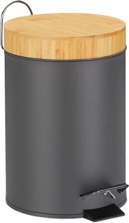 Relaxdays Mülleimer Bad, 3 l, Kosmetikeimer mit Absenkautomatik, Bambusdeckel, entnehmbarer Inneneimer, Treteimer, (Grau)