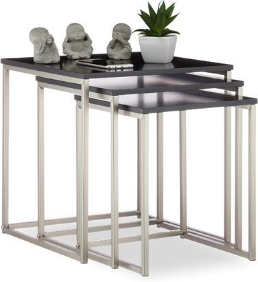 Relaxdays, schwarz/Silber Beistelltisch quadratisch 3er Set, Mattes Stahlgestell, Satztische, MDF, HxBxT: 42x40x40 cm
