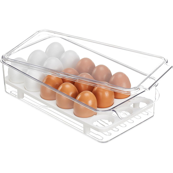 Relaxdays Eierbox, 18 Eier, Kühlschrank-Organizer, HBT: 8x16,5x31,5cm, transparent/weiß (50 Zeichen)