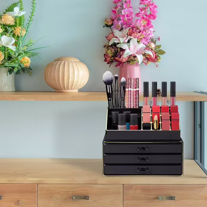 Relaxdays  x Make Up Organizer klein, 2-teilige Schminkaufbewahrung mit 3 Schubladen, stapelbares Kosmetikregal,    9 x 23.5 x 4 cm (1, Schwarz-gold, 1 Stück)