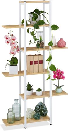 Relaxdays Blumenregal Metall, 6-stufige Blumentreppe, Holzoptik, 150x78x24 cm, Pflanzenregal, hellbraun