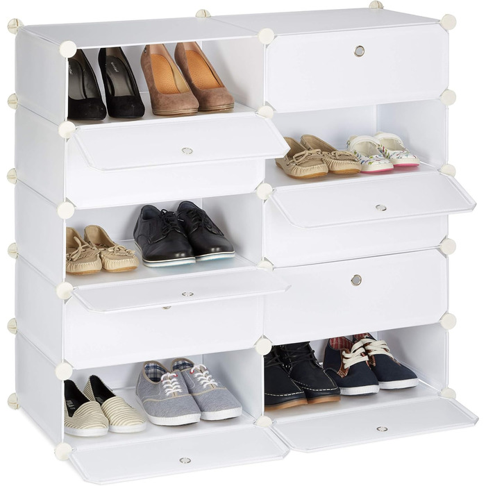 Relaxdays Schuhschrank mit 10 Fächern, Schuhregal groß, Steckregal Kunststoff, DIY, HxBxT ca. 90 x 94 x 37 cm, weiß