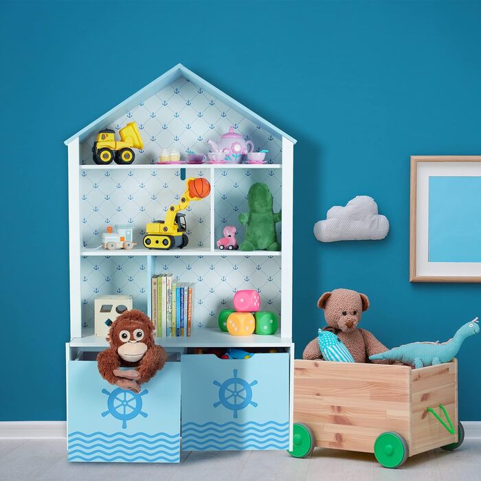 Relaxdays Kinderregal, Seefahrt, 5 Fächer, 2 Rollboxen, HBT: 128x75x34 cm, Hausform, Spielzeug Aufbewahrung, weiß/blau