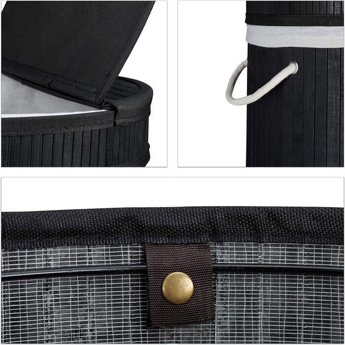Relaxdays Wäschekorb Bambus, runder Wäschesammler mit Klappdeckel, 65 l, faltbare Wäschetonne, rund Ø 40 cm, schwarz