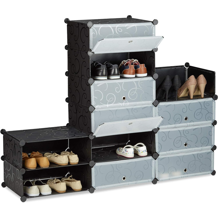 Relaxdays Schuhschrank Kunststoff, 12 Fächer, 108x94x37cm, Schwarz