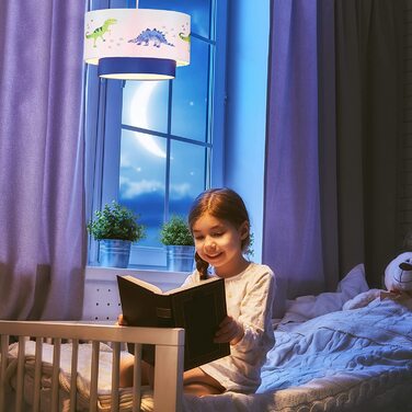 Relaxdays Dino Hängelampe, runder Lampenschirm mit Dinosaurier-Motiv, für Kinder- & Babyzimmer, HxD 126x30 cm, weiß-blau