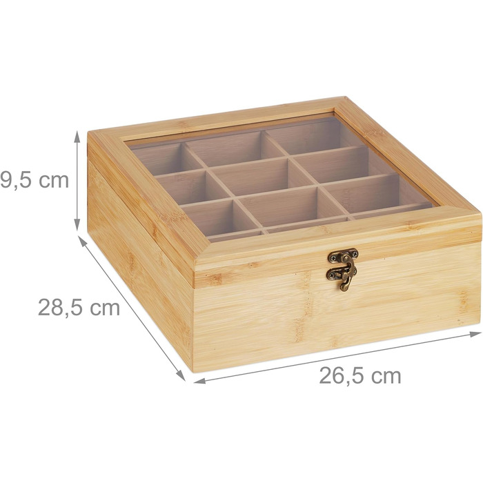Relaxdays Teebox, 12 Fächer, Bambus, 9,5x26,5x28,5 cm, Tee & Kaffeepads, Deckel, Natur