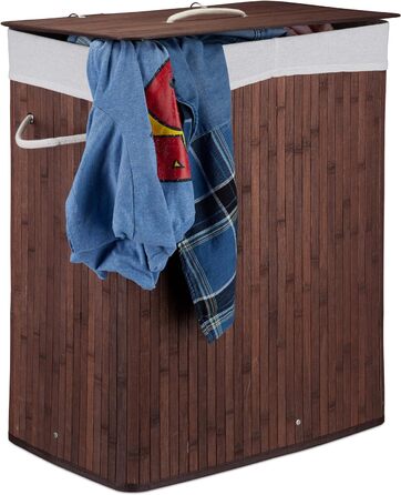 Relaxdays Wäschekorb Bambus mit Deckel, rechteckiger Wäschesammler, 2 Fächer, 95 l Volumen, faltbare Wäschebox, (Braun)
