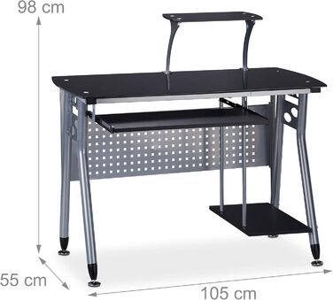 Relaxdays Computertisch, Glas, Tastaturauszug, Fach für Rechner, HBT 98x105x55 cm, modern, Schwarz