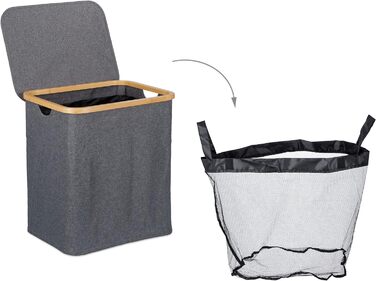 Relaxdays Wäschekorb mit Deckel, 130 l, Wäschesammler Bambus & Polyester, tragbar, atmungsaktiver Wäschesack,  90 10, (50.5 x 45 x 35.5 cm, Grau/Natur)
