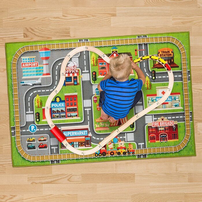 Relaxdays Spielteppich Straße, Stadt-Motiv, rutschfest, Autoteppich für Jungs & Mädchen, Polyester, BxT 150x100 cm, bunt, 1 S