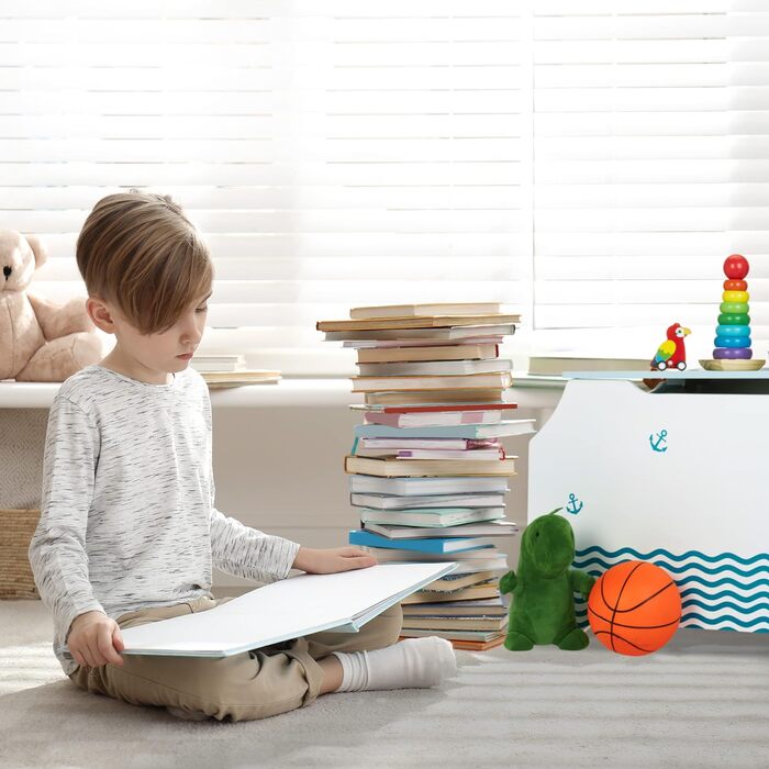 Relaxdays Spielzeugtruhe Seemann, Spielzeugkiste mit Deckel, HBT: 46 x 84 x 42,5 cm, Bücherfach, Spielzeugbox, weiß/blau