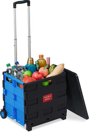 Relaxdays Einkaufstrolley klappbar, bis 35 kg, 50 l Kiste, mit Teleskopgriff, 2 Rollen, Transport Trolley, blau/schwarz