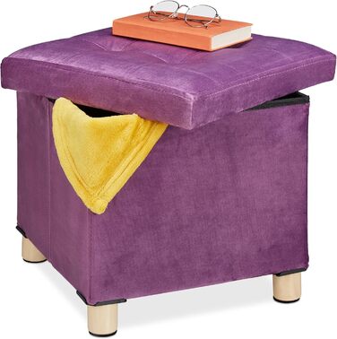 Relaxdays Samthocker mit Stauraum, Tablett im Deckel, Holzbeine, 35x38x38 cm, Mauve