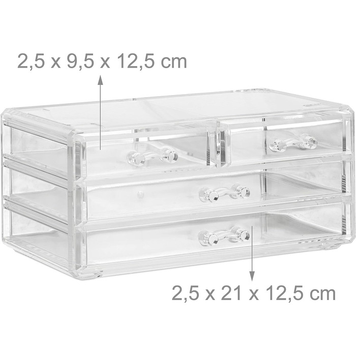 Relaxdays Make Up Organizer Acryl, 2-teilige Schminkaufbewahrung mit Lippenstifthalter und 4 Schubladen, transparent, 19 x 24 x 13.5 cm