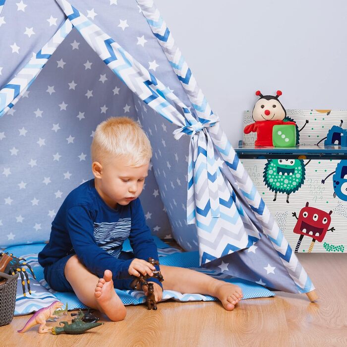 Relaxdays Spielzeugtruhe, Monster-Design, Spielzeugkiste mit Deckel, HBT: 50x60x36,5 cm, MDF, Spielzeugbox, blau/weiß
