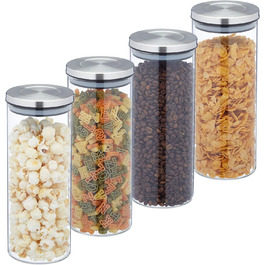 Relaxdays Vorratsgläser 4er Set, 1,3 L, luftdicht, Edelstahldeckel, Vorratsdose für Küche, Nudelglas