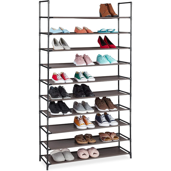 Relaxdays XXL Schuhregal Stecksystem, 10 Ebenen, für 50 Paar Schuhe, Stoff Schuhständer HBT 176,5x99x29,5 cm, braun