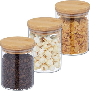 Relaxdays Vorratsgläser, 3er Set, Glas, 650 ml, luftdicht, transparent/natur