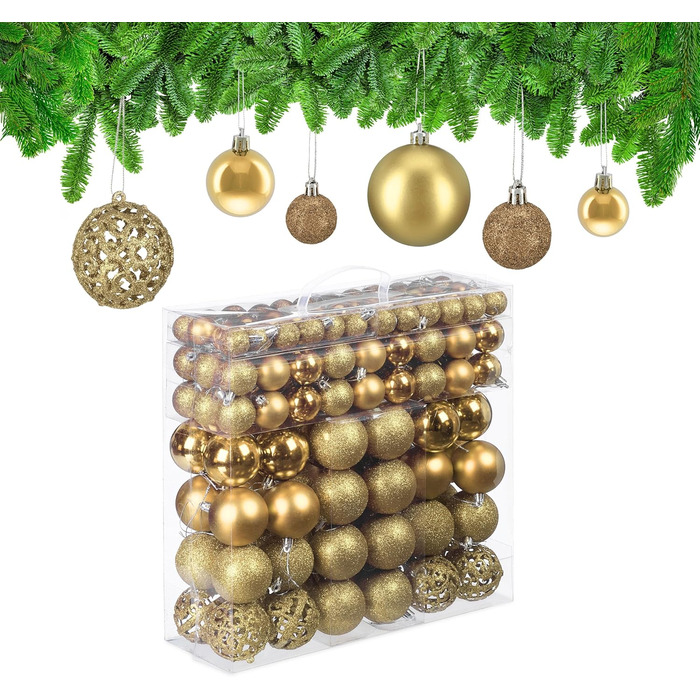 Relaxdays 150er Set Weihnachtskugeln, glitzernd/matt/glänzend, Kunststoff, ∅ 3/4/6 cm, Gold