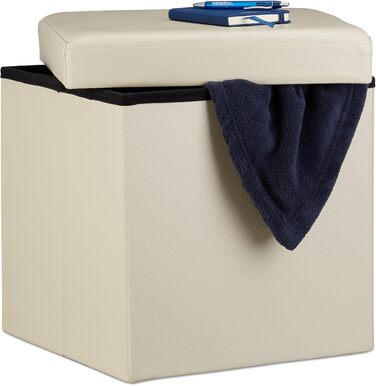 Relaxdays Sitzhocker, Leder, 38x38x38 cm, Creme