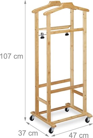 Relaxdays Herrendiener auf Rollen, Stummer Diener aus Bambus, Kleiderablage Schlafzimmer, HBT: 107 x 47 x 37 cm, natur