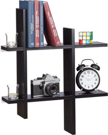 Relaxdays Wandregal mit 6 Fächern, versetzte Wandbretter in Gitteroptik, Schweberegal HxBxT 58,5 x 58,5 x 10 cm, schwarz