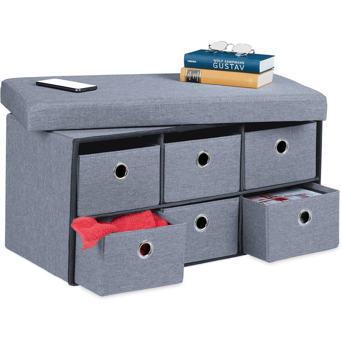 Relaxdays Sitzbank mit Stauraum, 6 Schubladen, Sitzpolster, faltbar, 39x76x38 cm, grau