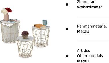 Relaxdays Korbtisch 3er Set, rund, Beistelltisch Wohnzimmer, Metall & Marmoroptik, 3 Größen, Drahtkorb-Tisch, weiß/Gold