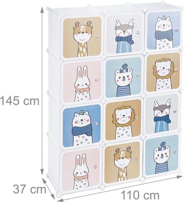 Relaxdays Steckregal Kinder, 2 Kleiderstangen, Türen mit Tierkindern, HBT: 145x110x37 cm, DIY Kinderkleiderschrank, weiß
