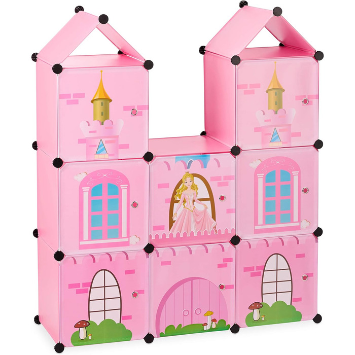 Relaxdays Steckregal Kinderzimmer, Prinzessinnenschloss, Kunststoff, DIY Schrank mit Türen, HBT: 128 x 110 x 37 cm, rosa Single