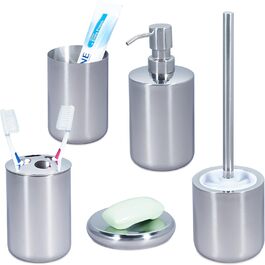 Relaxdays 5-tlg. Badezimmer Set, Edelstahl poliert, moderne Badaccessoires, Silber