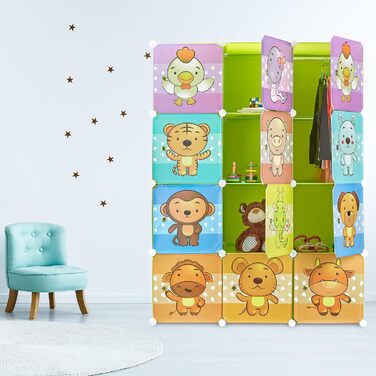 Relaxdays,  Steckregal Kinderzimmer, Tiermotive, Jungen, Türen, Kleiderstangen, Kunststoff Kleiderschrank, 145x110cm, 60%, Standard (Grün)